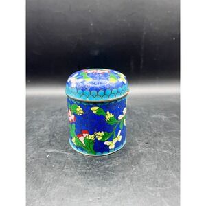 Antique Cloisonne Trinket Tea Box Spice Jar Cobalt Blue Floral Brass Lid 3.5"